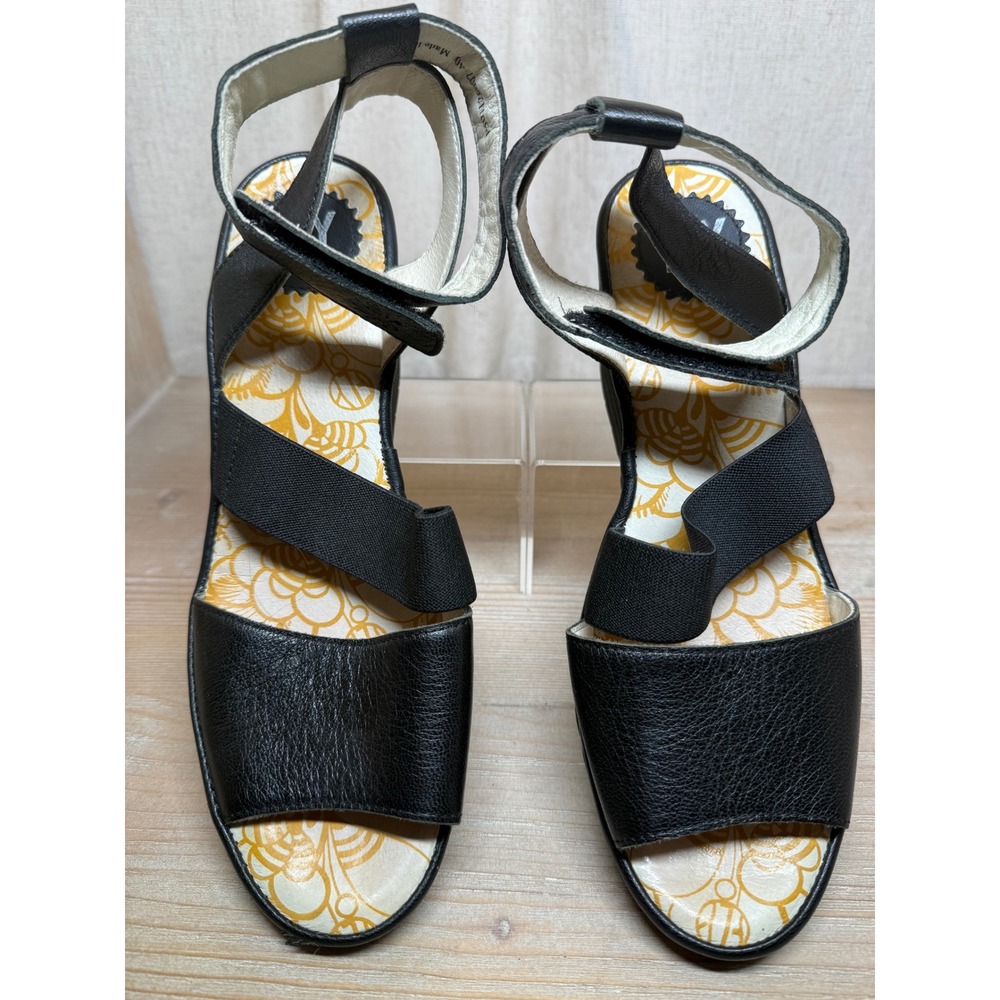 Fly London Yala Black Leather Wedge Sandals Platform Ankle Strap Womens 40